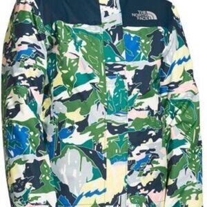 he North Face girls’ rain jacket in navy blue and multicolor camo print